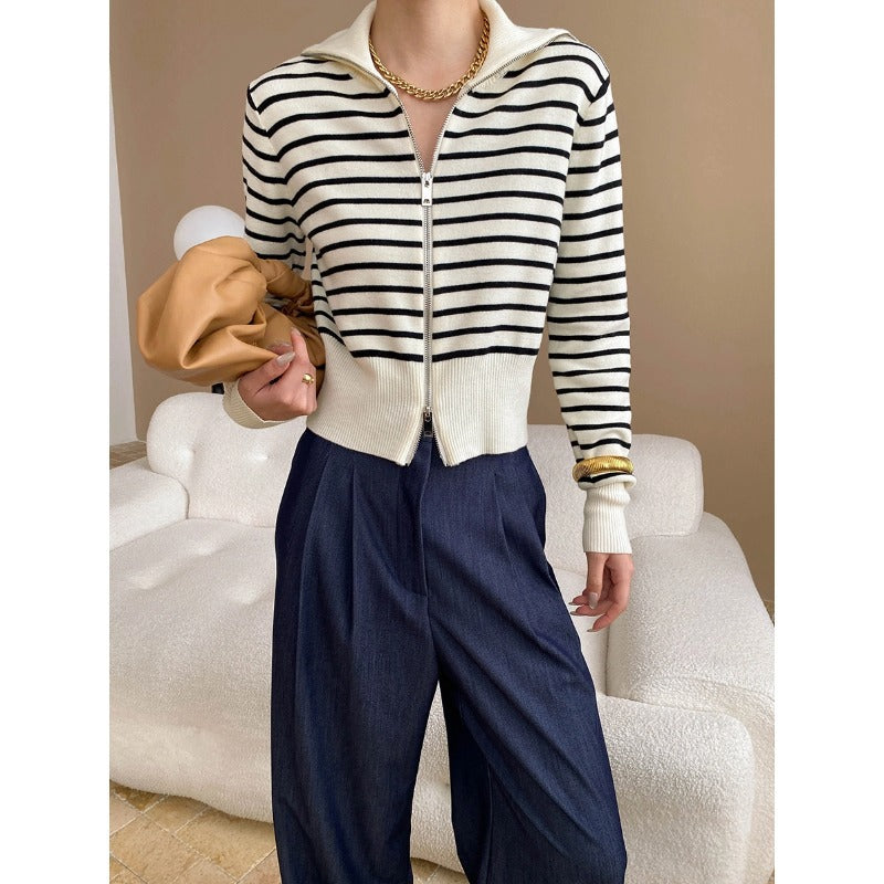 Sabine | Women's Striped Funnel Neck Zip Up Jumper