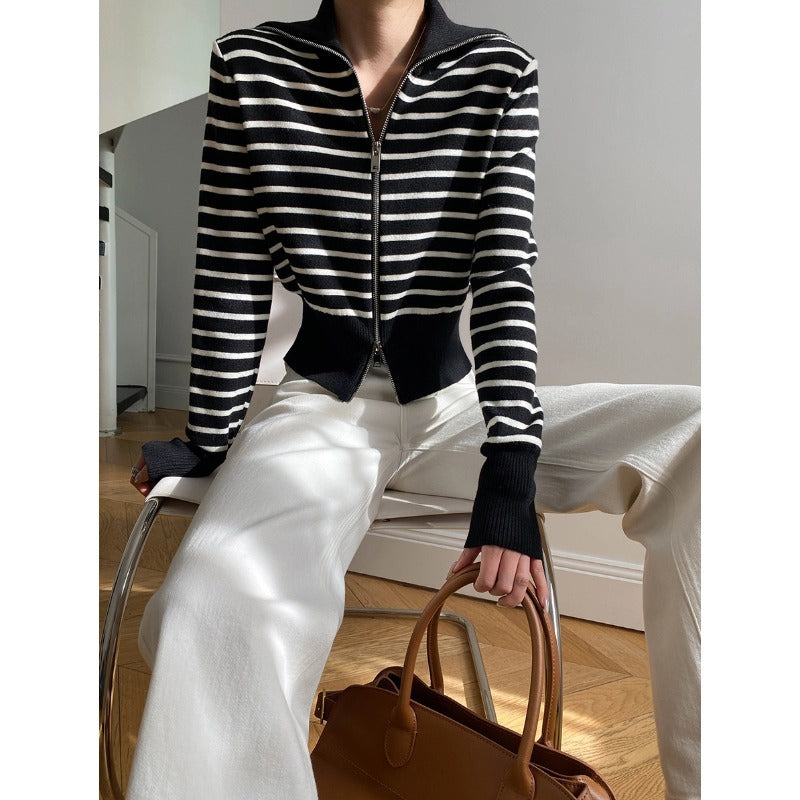 Sabine | Women's Striped Funnel Neck Zip Up Jumper