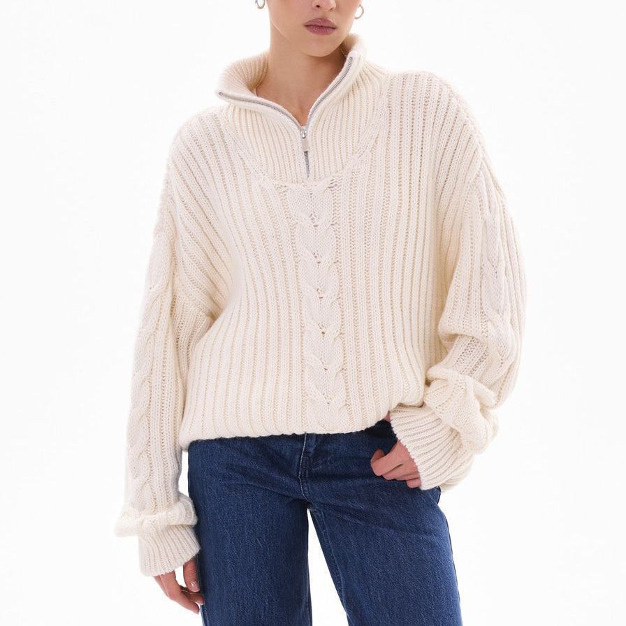 Sibyl | Women's Cable Knit Funnel Neck Zip Up Jumper