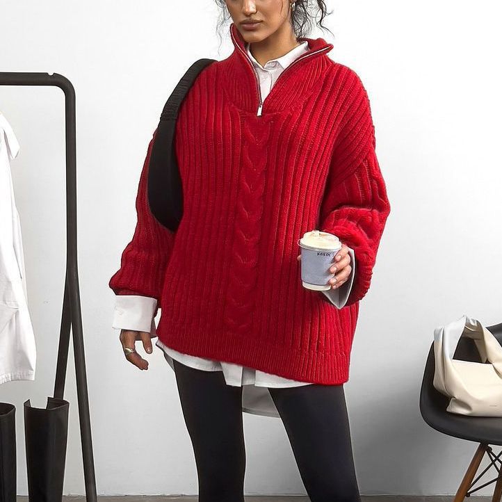 Sibyl | Women's Cable Knit Funnel Neck Zip Up Jumper