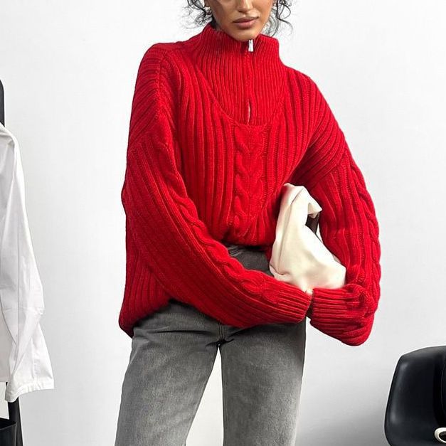 Sibyl | Women's Cable Knit Funnel Neck Zip Up Jumper